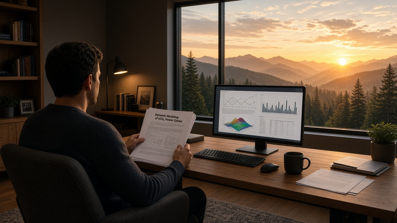 Home office desk overlooking mountains — reviewing an energy manuscript